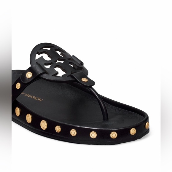 NWT Tory Burch Miller Cloud  Gold Coin Thong Sandals Perfect Black Size 11 M